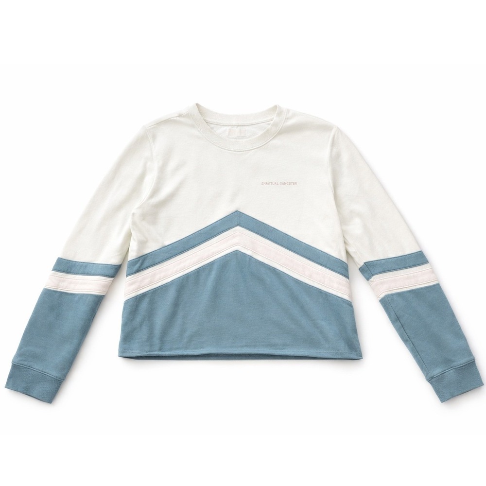 Spiritual Gangster Retro Athleisure Yoga Women Blue Chevron Cropped Sweatshirt L